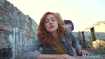 Sexy Ginger Waitress Gets On Her Knees To Suck A Hard Cock Before Bending Over For A Rough Doggystyle Pounding Out In The Open