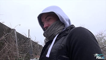 Frosty Public Pounding For A Sexy Brunette, Warming Up A Stiff Cock